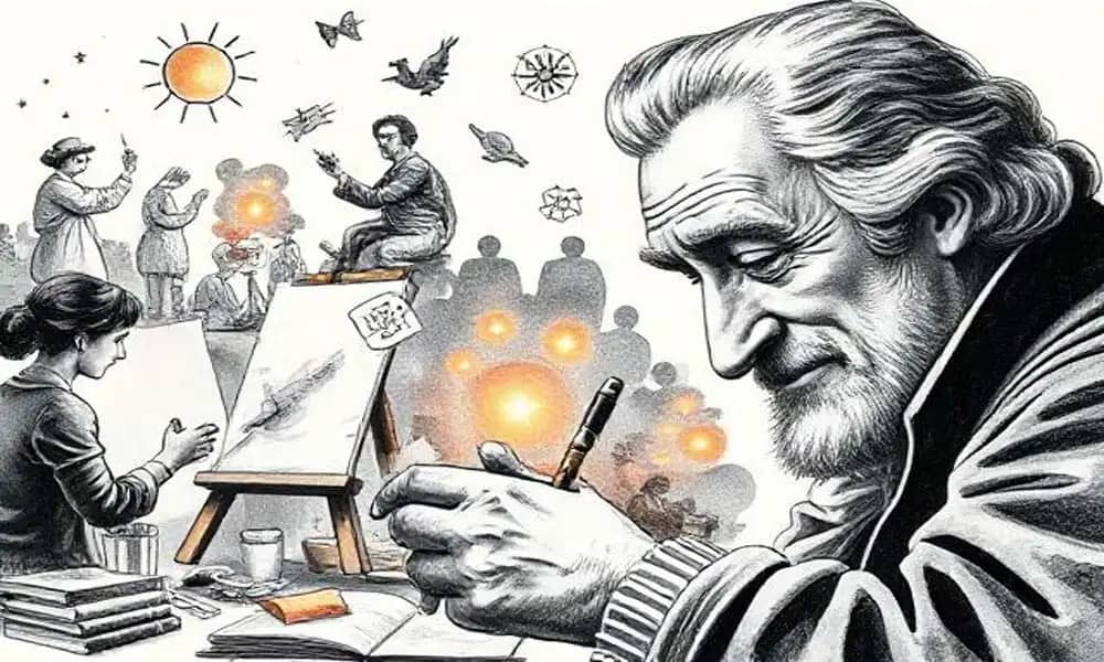 एक व्यक्ति कैनवास पर कुछ पेंट करता है जो आगे रास्ता बनकर सूरज की ओर जाता है - रचनात्मकता का प्रतीक।