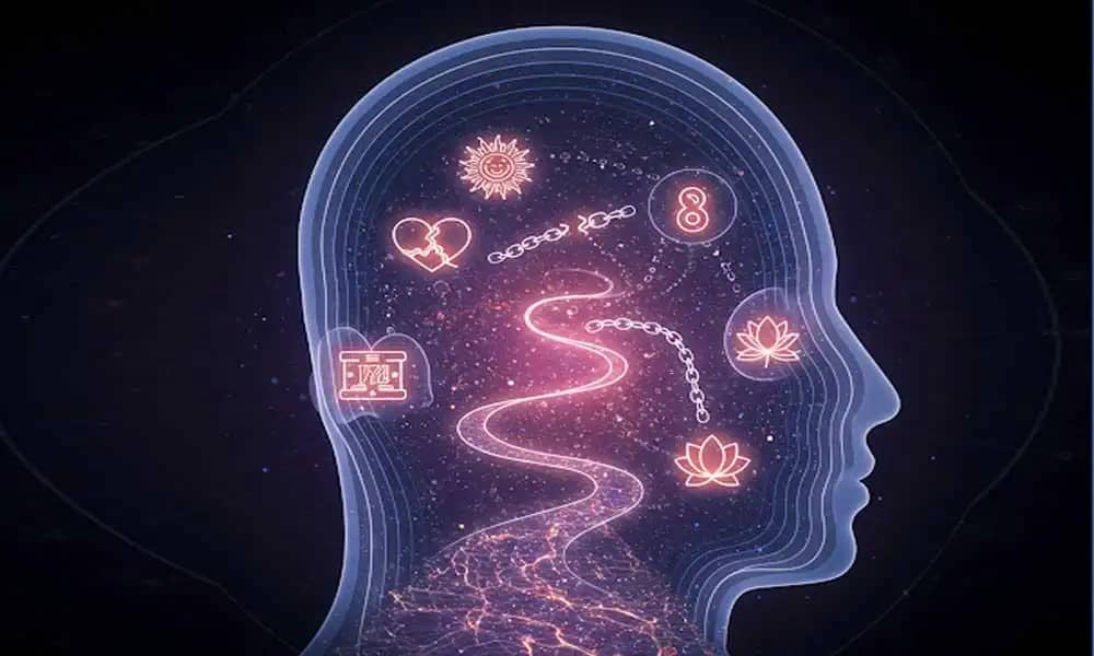 شخص هادئ ومنطوي يتأمل بالقرب من نهر متدفق محاط بالضوء والطبيعة