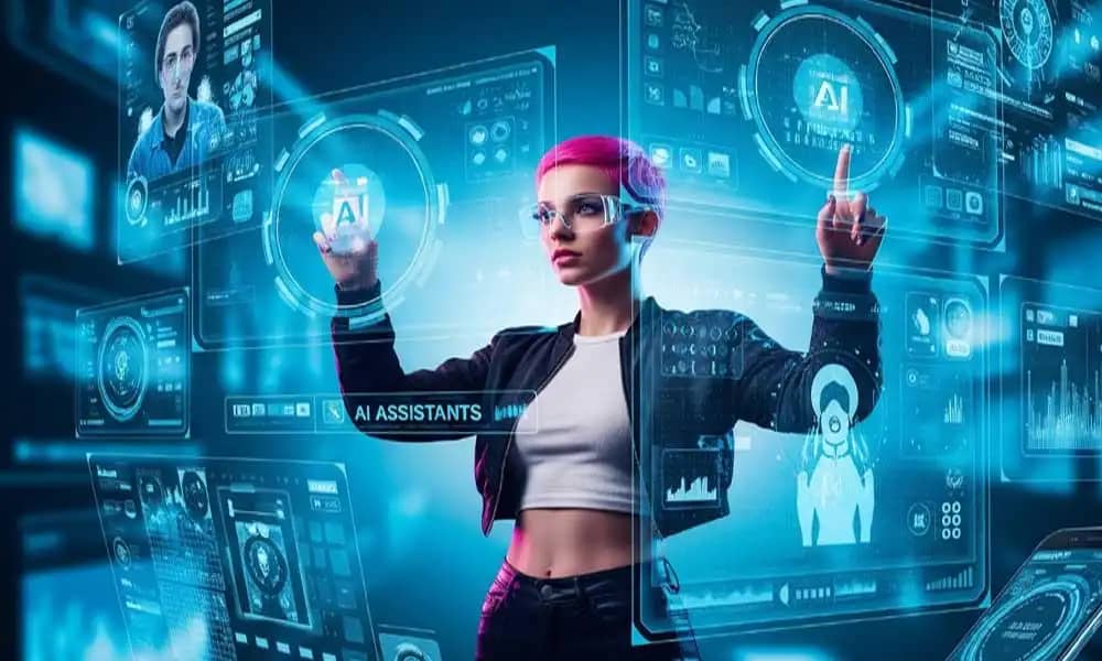 भविष्य की तकनीक और डिजिटल उपकरणों से घिरा एक व्यक्ति