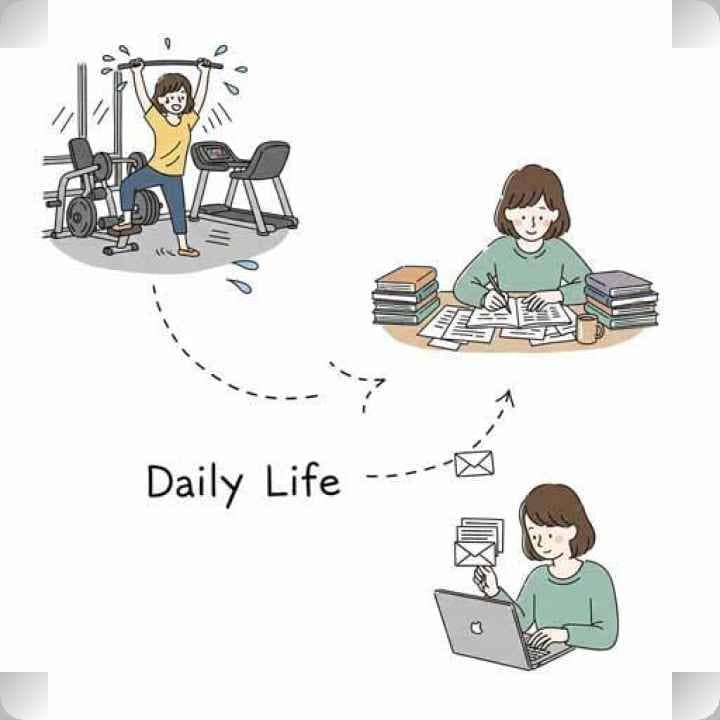 हाथ से बनी एक चित्रमाला जिसमें जिम, लेखन और ईमेल जैसे रोज़मर्रा के पल हैं, जिन्हें एक बिंदीदार रेखा से जोड़ा गया है जो प्रगति और निरंतरता दर्शाती है।