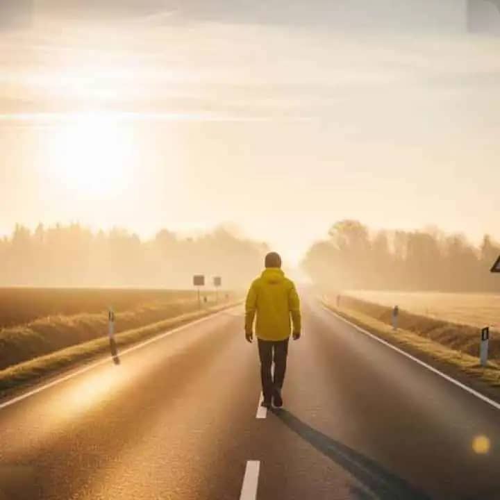 A person walking alone on a quiet road at sunrise, symbolizing freedom, healing, and a fresh start