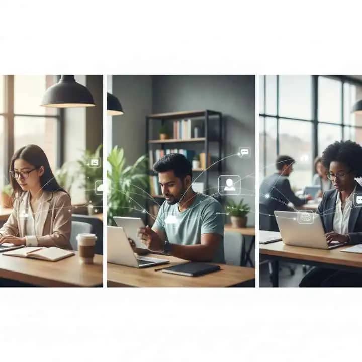 People working online from different locations using laptops and digital tools