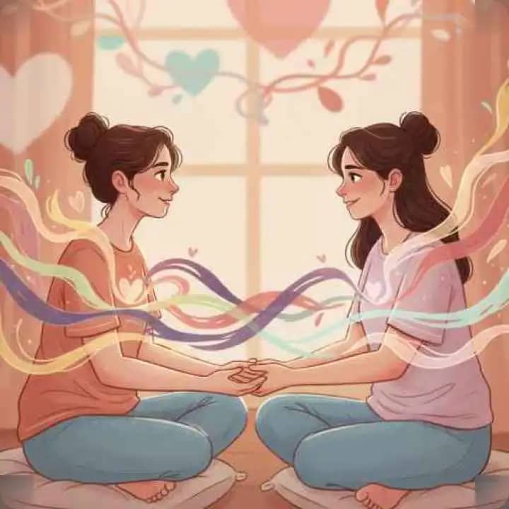 दो लोग अपने भाव साझा करते हुए, उनके चारों ओर प्रकाश जो भावनात्मक ईमानदारी को दर्शाता है