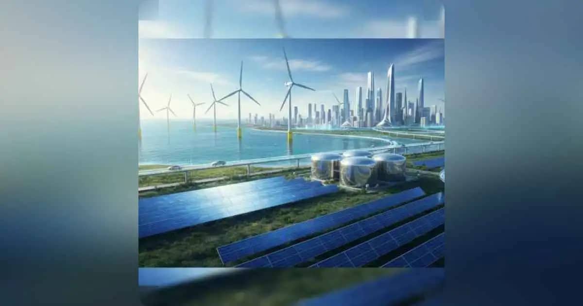 Futuristic renewable energy landscape with solar panels, wind turbines, and smart city 2030