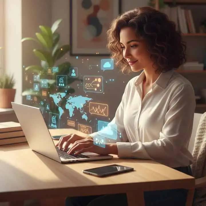 Professional working online from a home workspace using a laptop