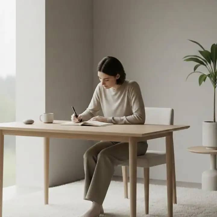 शांत वातावरण में आत्म-विकास के लिए जर्नलिंग करता व्यक्ति
