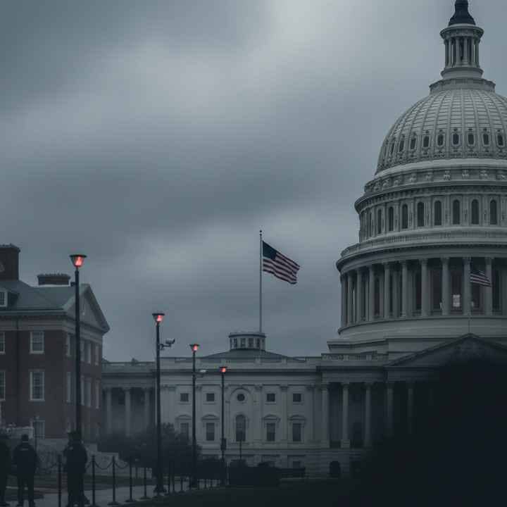 US Capitol and university campus under a tense, overcast sky symbolizing immigration policy debate
