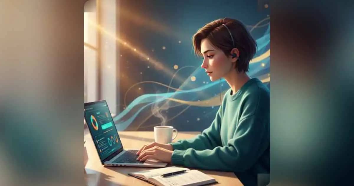 Person working calmly with laptop and notebook, symbolizing focused productivity