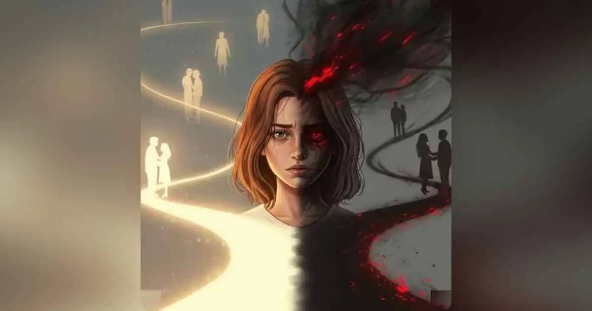 A person stands at a crossroads between light and darkness, symbolizing emotional confusion in love
