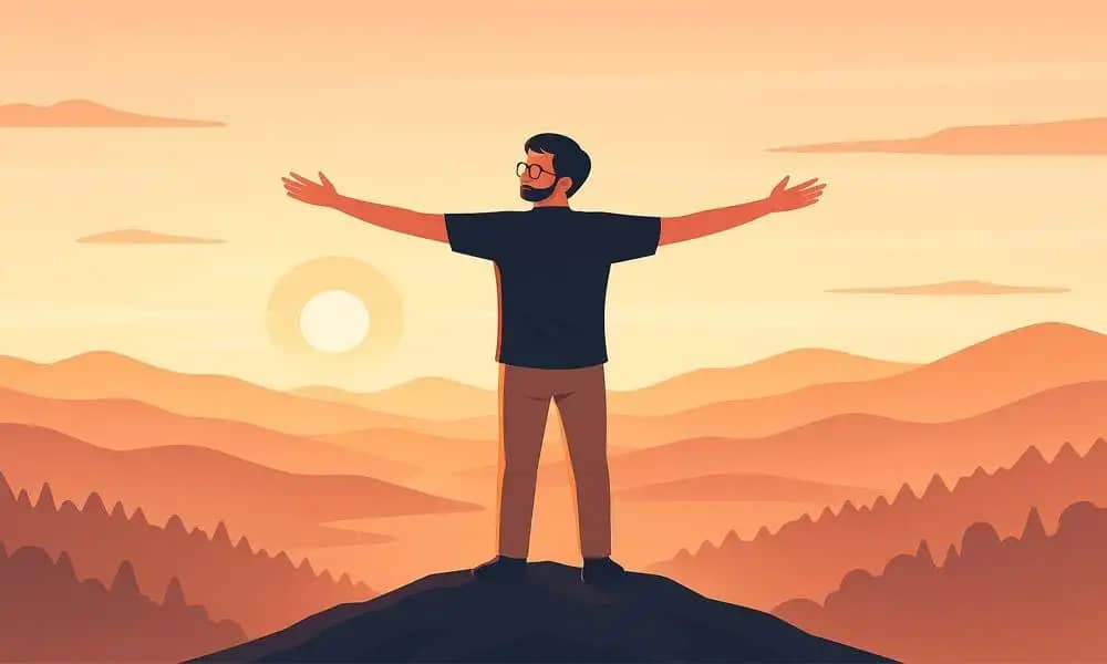 एक व्यक्ति पहाड़ की चोटी पर सूर्योदय के समय खड़ा है, आत्म-विकास और विजय का प्रतीक।