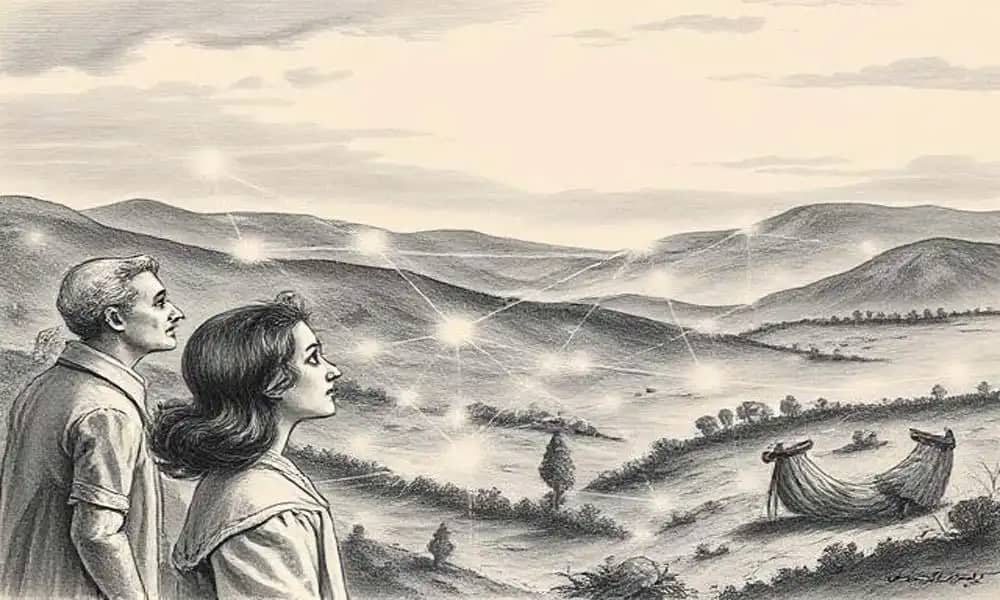 Two people walking together and supporting each other, peaceful background.