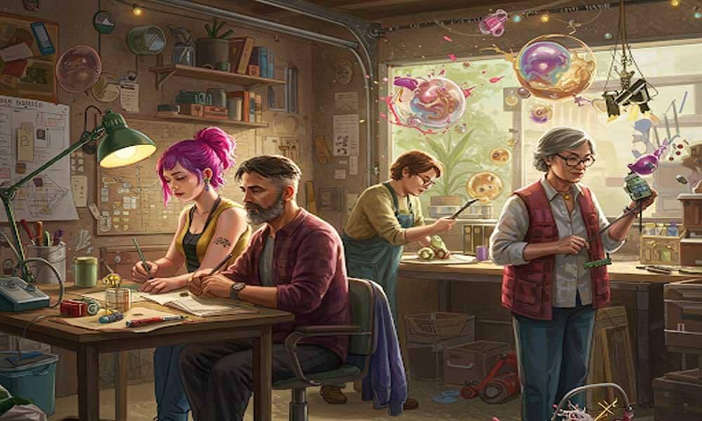 Hands building something out of craft materials, surrounded by colorful inspiration notes.