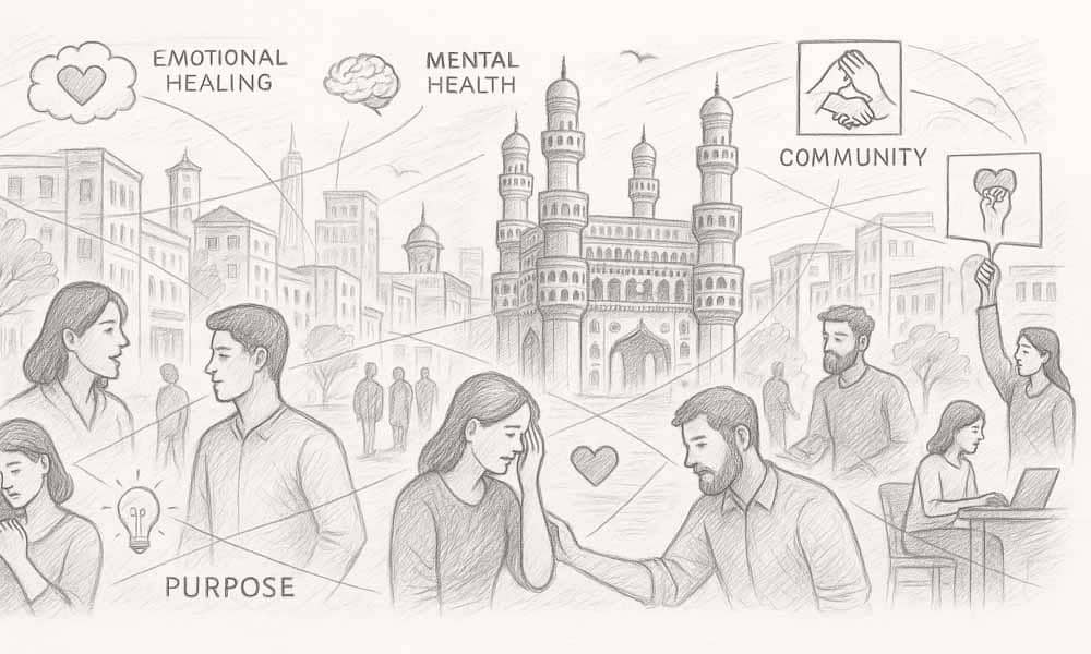 इमारतों, लोगों और सामाजिक कनेक्शनों का रेखाचित्र