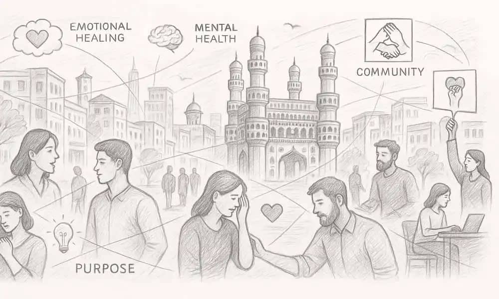 Sketch of city buildings, people interacting, and systems connected with lines