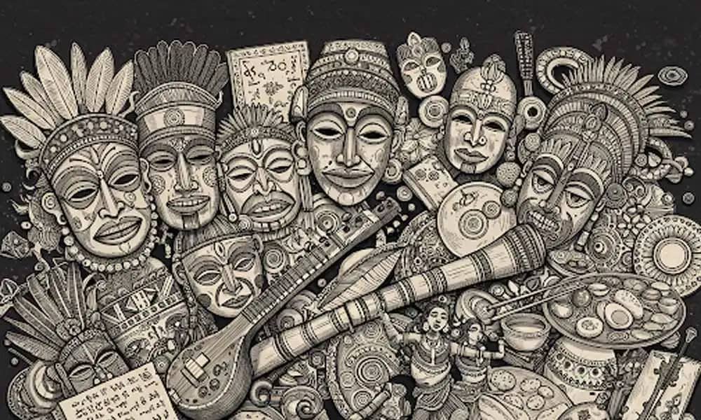 Sketch of cultural symbols: dance, script, food, and traditional art