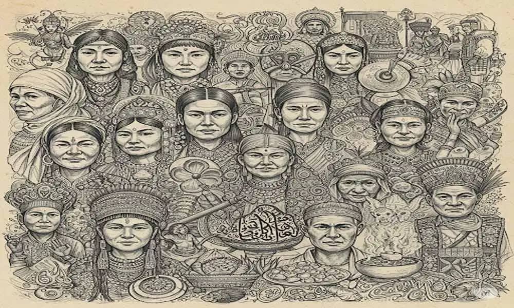 Sketch of a human face half mask, half mirror, surrounded by symbols of race, gender, and emotion