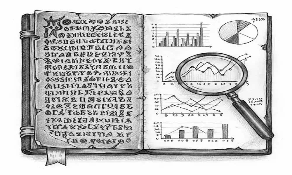 Sketch of a split book—one half filled with ancient symbols, the other with a magnifying glass and data charts