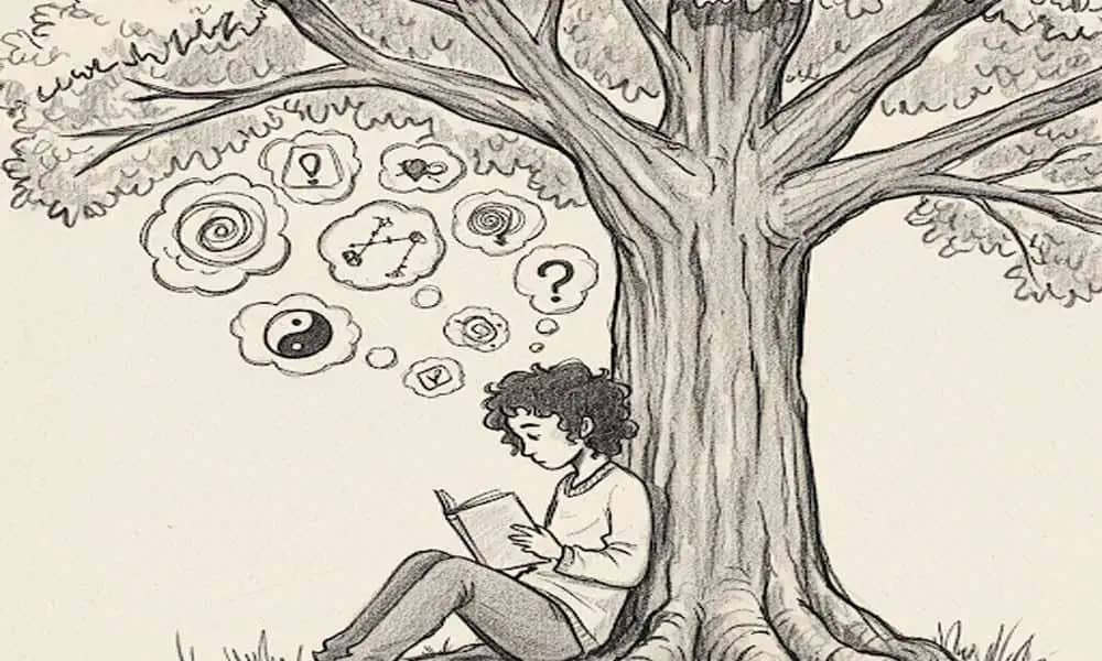 Sketch of a person sitting under a tree reading, thought bubbles showing questions and symbols like yin-yang, heart, hourglass