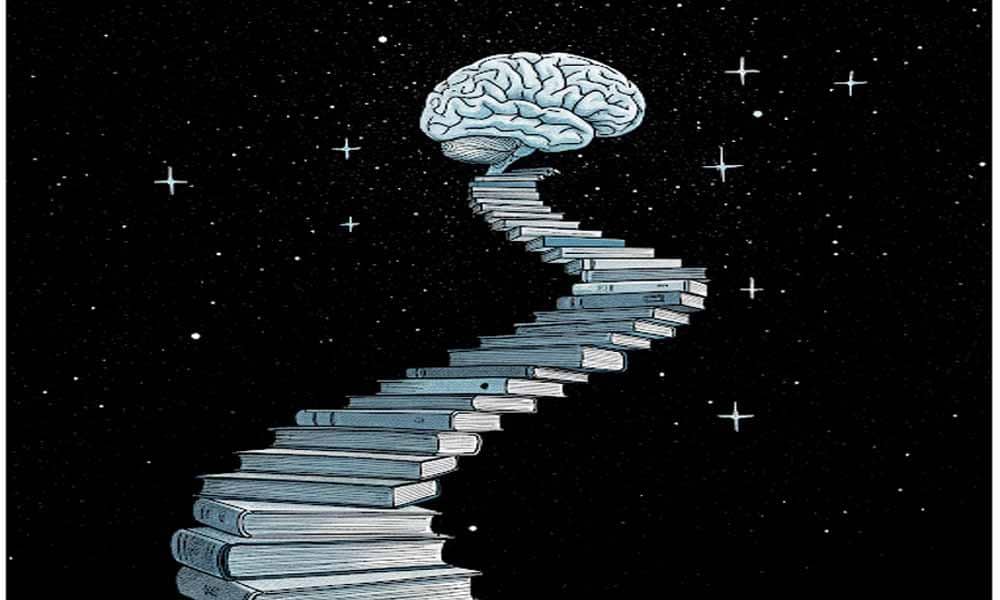 Open book and lightbulb with arrows showing upward learning path, sketch style.