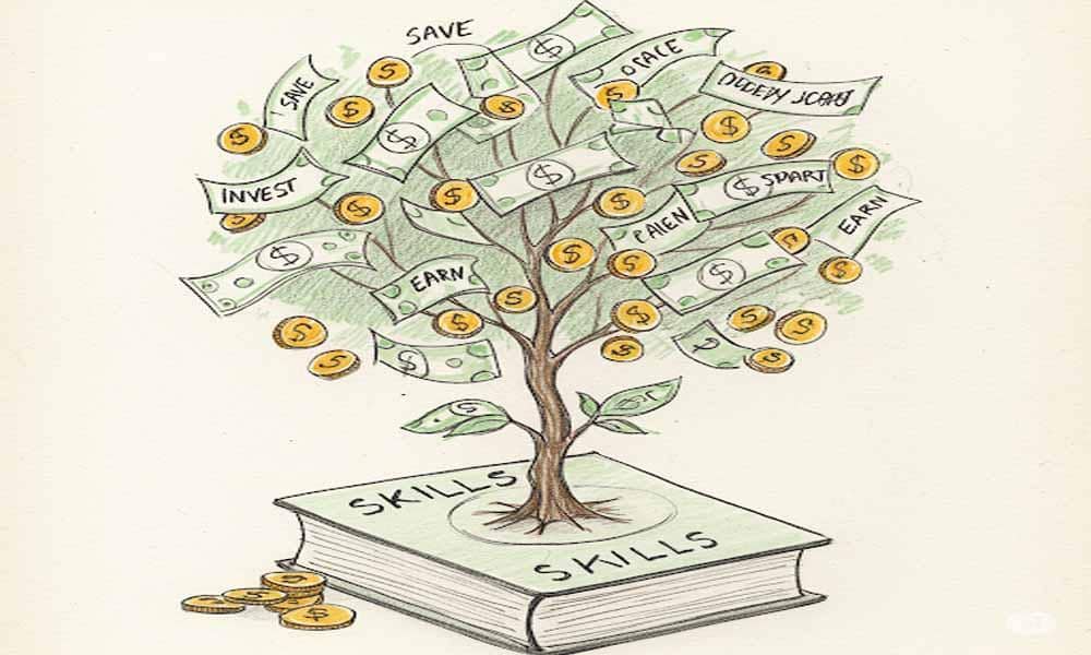 A person holding a coin, surrounded by icons of savings, income, and a calendar sketch style.