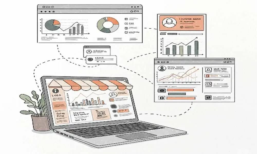 A person typing at a desk surrounded by a website layout, social media icons, and a growth chart sketch style.