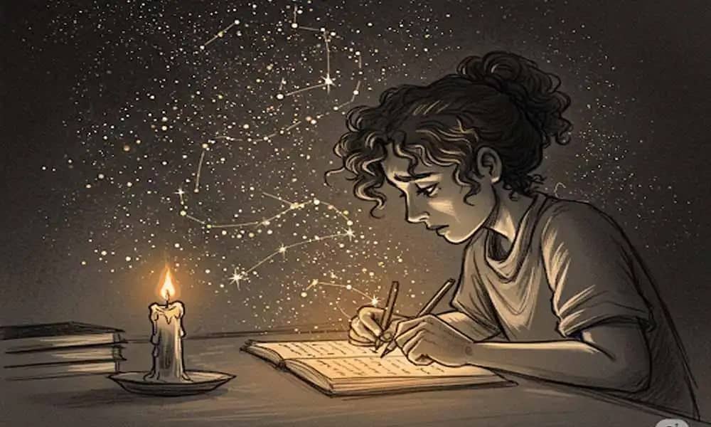 एक व्यक्ति डायरी लिखते हुए, ऊपर उड़ते विचारों की चमक बन रही है आत्मचिंतन का प्रतीक।