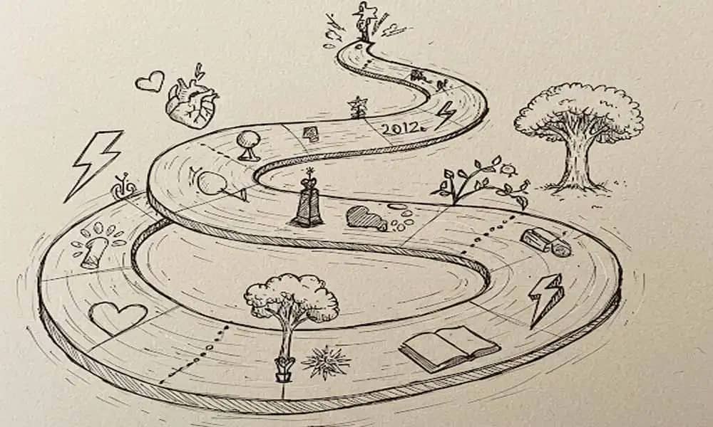 A person gazing into a mirror with past experiences reflected as moments of light.