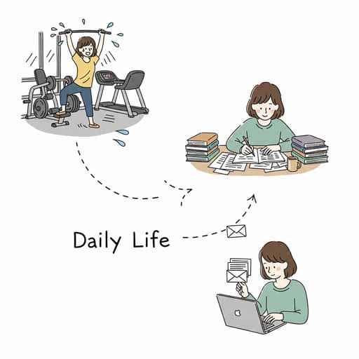 Hand-drawn illustration of daily life moments like gym, writing, and emails, connected by a dotted line showing progress and follow-through.