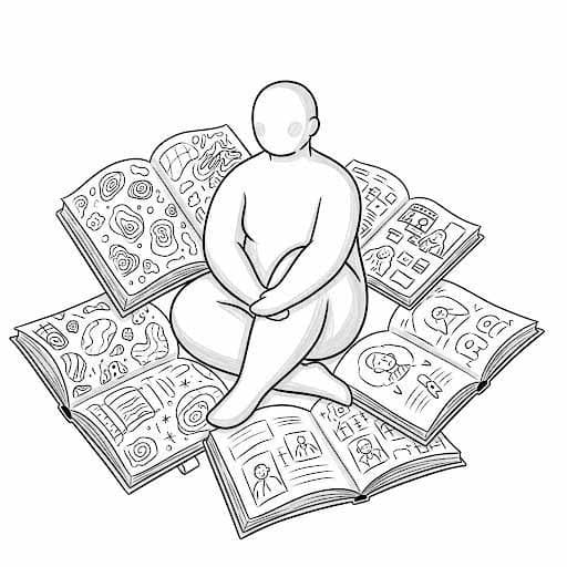 A person sitting peacefully among notebooks, symbolizing self-acceptance and personal growth.