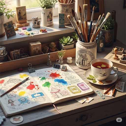 Creative workspace with writing tools, art supplies, and passion project notes.