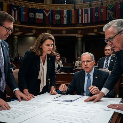 Senate chamber in session with global news icons overlayed