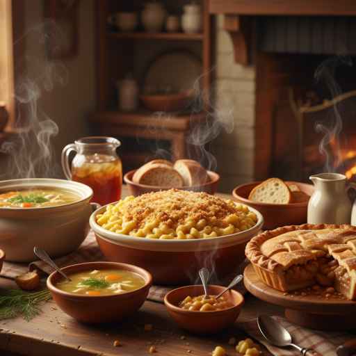 Warm homemade comfort food dishes on a cozy kitchen table