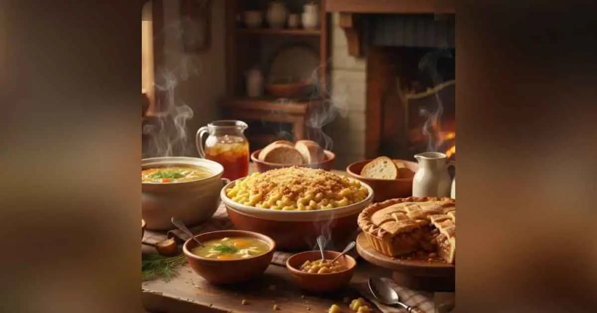 Warm homemade comfort food dishes on a cozy kitchen table