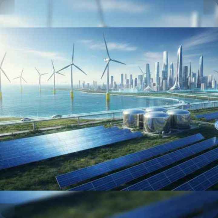 Futuristic renewable energy landscape with solar panels, wind turbines, and smart city 2030