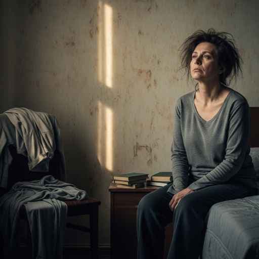 Person sitting on a bed in a dimly lit room, staring blankly at the wall