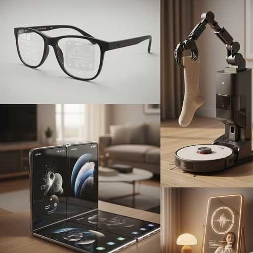 Collage of futuristic gadgets-smart glasses, robotic vacuum, foldable phone