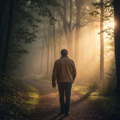 एक व्यक्ति कोहरे से भरे जंगल में घुमावदार रास्ते पर चलता हुआ, जीवन की दिशा को दर्शाता है