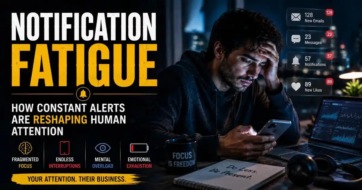 An emotionally exhausted adult staring at a glowing smartphone late at night while surrounded by nonstop notifications and fragmented digital screens