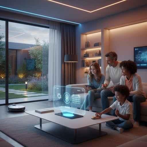 A futuristic smart home interior showing integrated devices like a voice assistant, smart lighting, and a security panel, with a family interacting seamlessly.