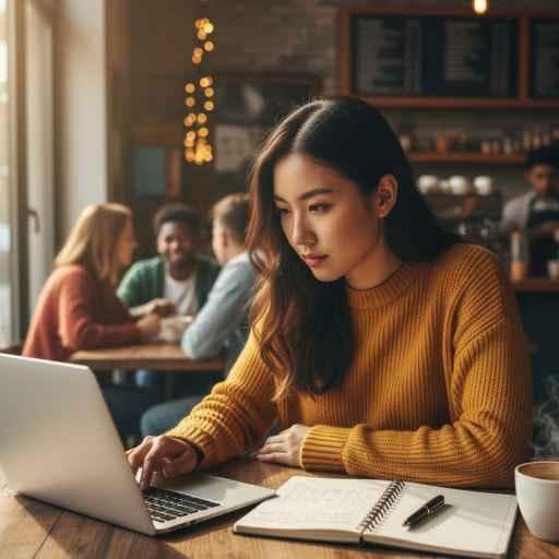 A freelancer working on a laptop at a cozy coffee shop to start a side hustle