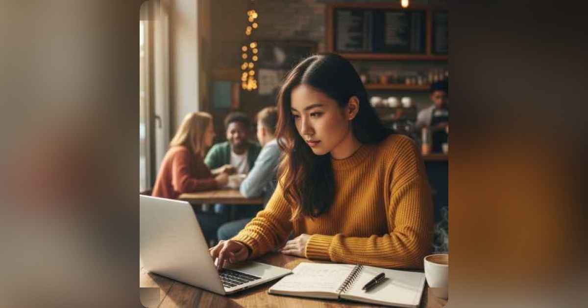 A freelancer working on a laptop at a cozy coffee shop to start a side hustle