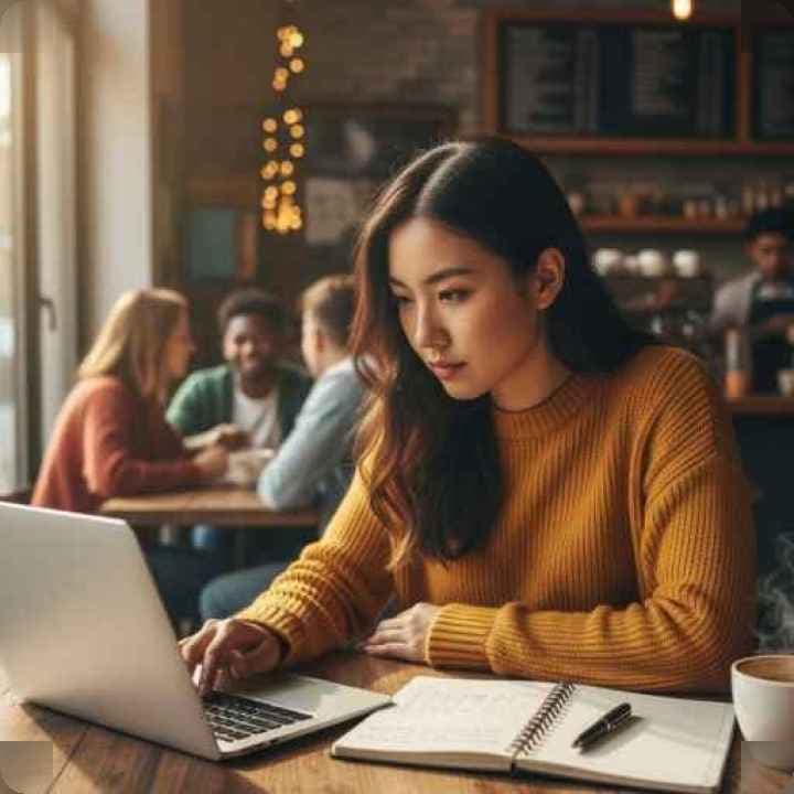 Un freelance travaillant sur un ordinateur portable dans un café cosy