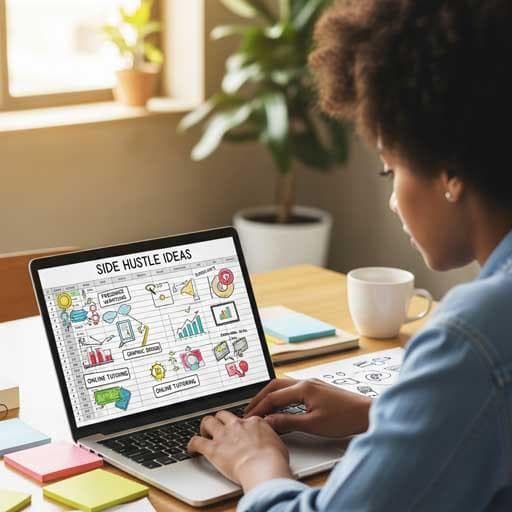 Person working on a laptop with side hustle ideas displayed