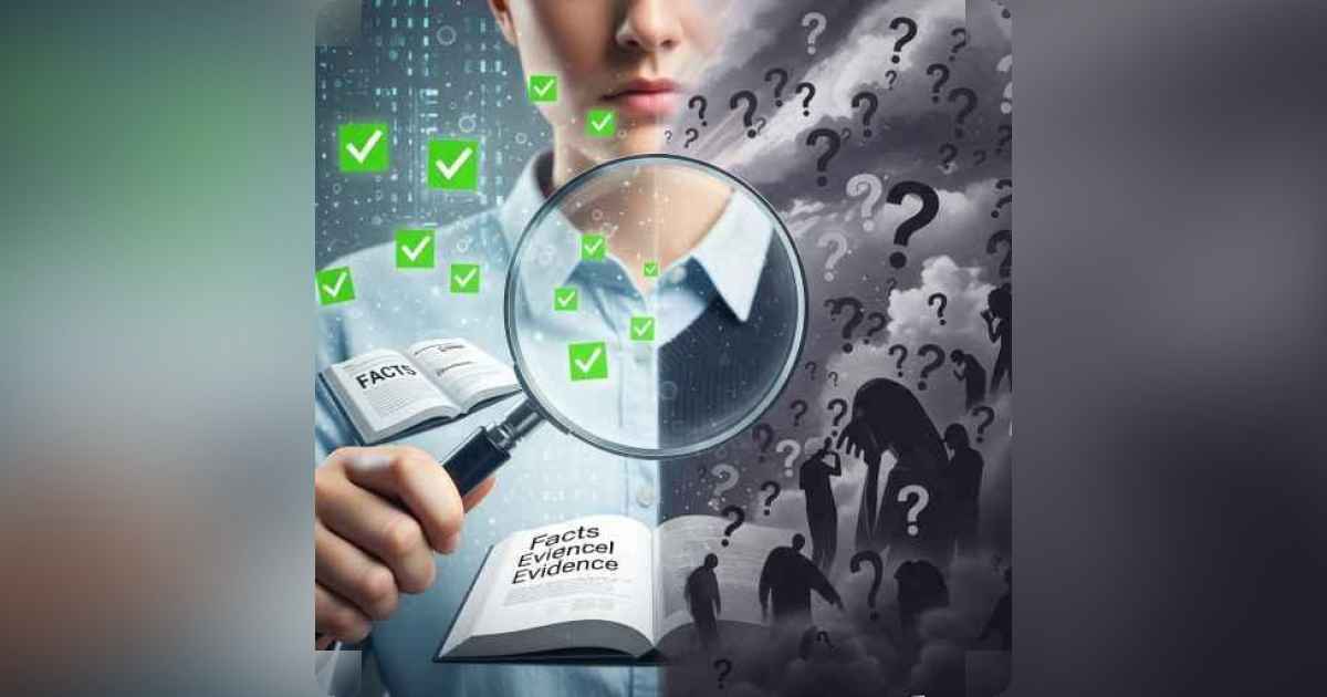 Person comparing truth and myth with scales of justice and magnifying glass