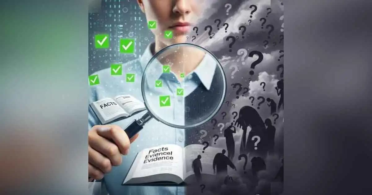 Person comparing truth and myth with scales of justice and magnifying glass