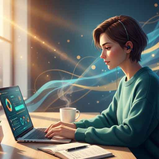 Person working calmly with laptop and notebook, symbolizing focused productivity