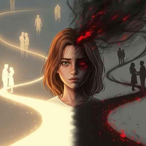 A person stands at a crossroads between light and darkness, symbolizing emotional confusion in love