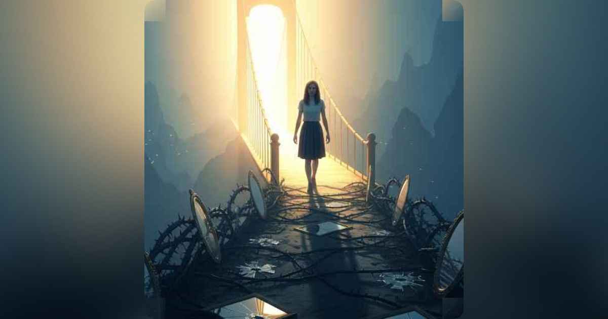 Person hesitating at the edge of a glowing bridge leading to a calm light, torn between a dark past and a hopeful future