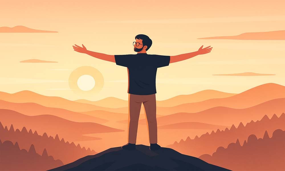 A sunrise scene of a person on a mountain peak, representing self-improvement and victory.