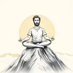 A person meditating at sunrise with mountains in the background, symbolizing clarity and inner strength.